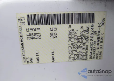 2012 Nissan Maxima 3.5 Sv z USA, uszkodzony, nr VIN 1N4AA5APXCC868249